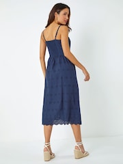 Roman Blue Cotton Blend Embroidered Stretch Dress - Image 2 of 5