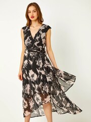 Roman Black Embellished Floral Print Tiered Midi Dress - Image 1 of 5