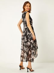 Roman Black Embellished Floral Print Tiered Midi Dress - Image 2 of 5