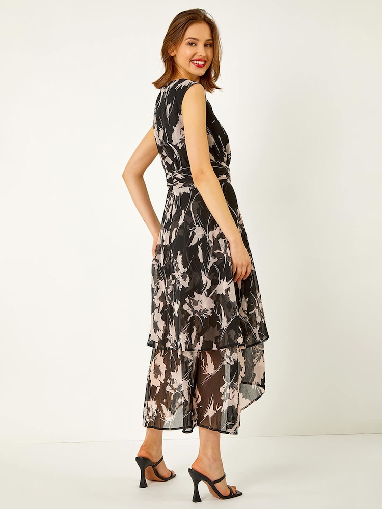 Roman Black Embellished Floral Print Tiered Midi Dress - Image 2 of 5