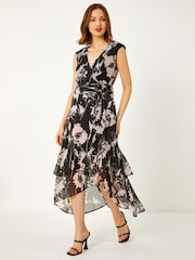 Roman Black Embellished Floral Print Tiered Midi Dress - Image 3 of 5