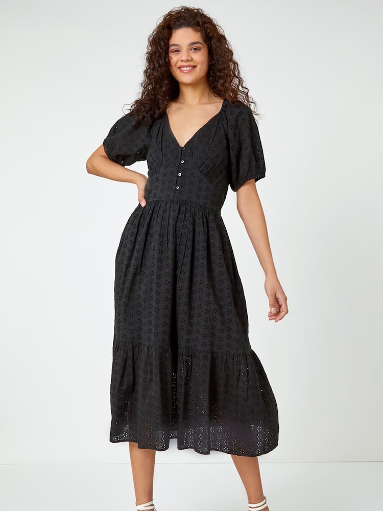 Roman Black Broderie Puff Sleeve Tiered Midi Dress - Image 1 of 5 Roman Black Broderie Puff Sleeve Tiered Midi Dress - Image 1 of 5