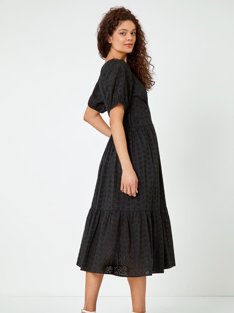 Roman Black Broderie Puff Sleeve Tiered Midi Dress - Image 2 of 5 Roman Black Broderie Puff Sleeve Tiered Midi Dress - Image 2 of 5