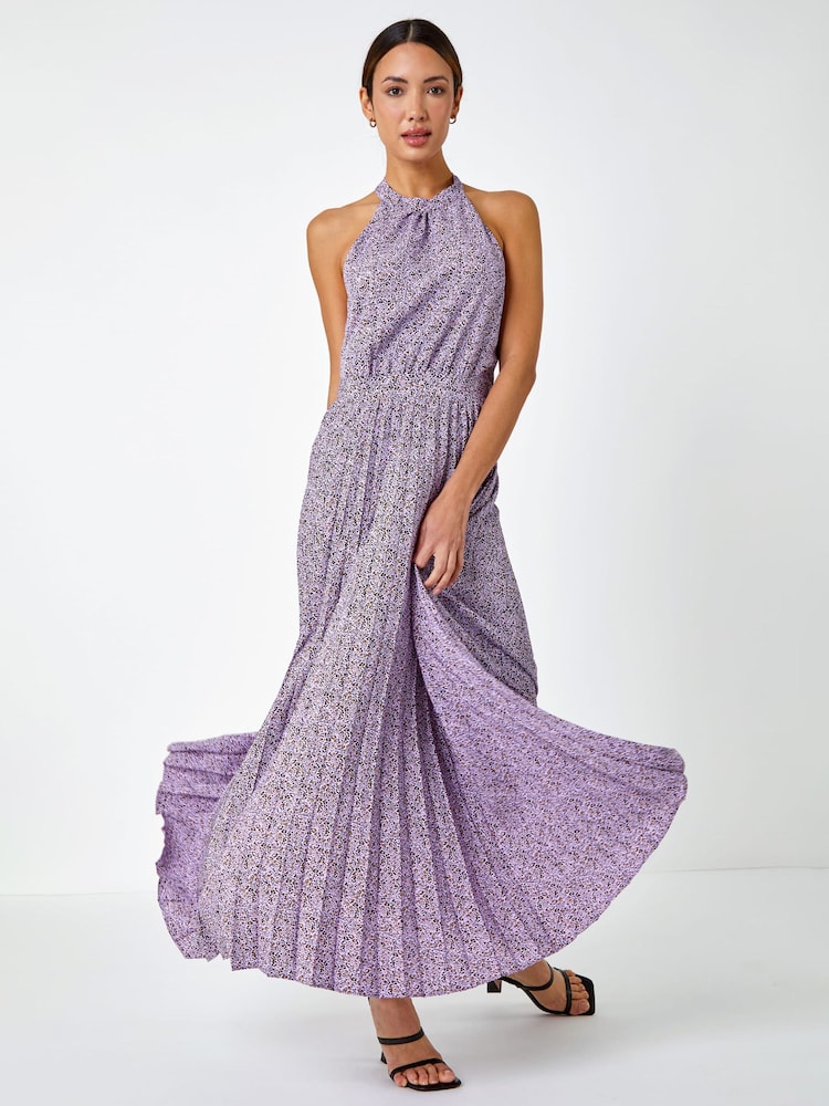 Roman Purple Ditsy Floral Halter Neck Maxi Dress - Image 1 of 5