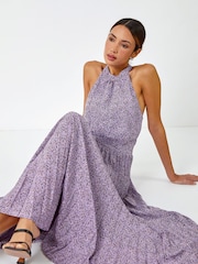 Roman Purple Ditsy Floral Halter Neck Maxi Dress - Image 4 of 5