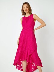 Roman Pink Swirl Jacquard Dipped Hem Midi Dress - Image 1 of 5