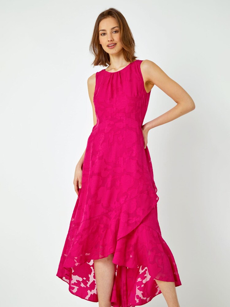 Roman Pink Swirl Jacquard Dipped Hem Midi Dress - Image 1 of 5