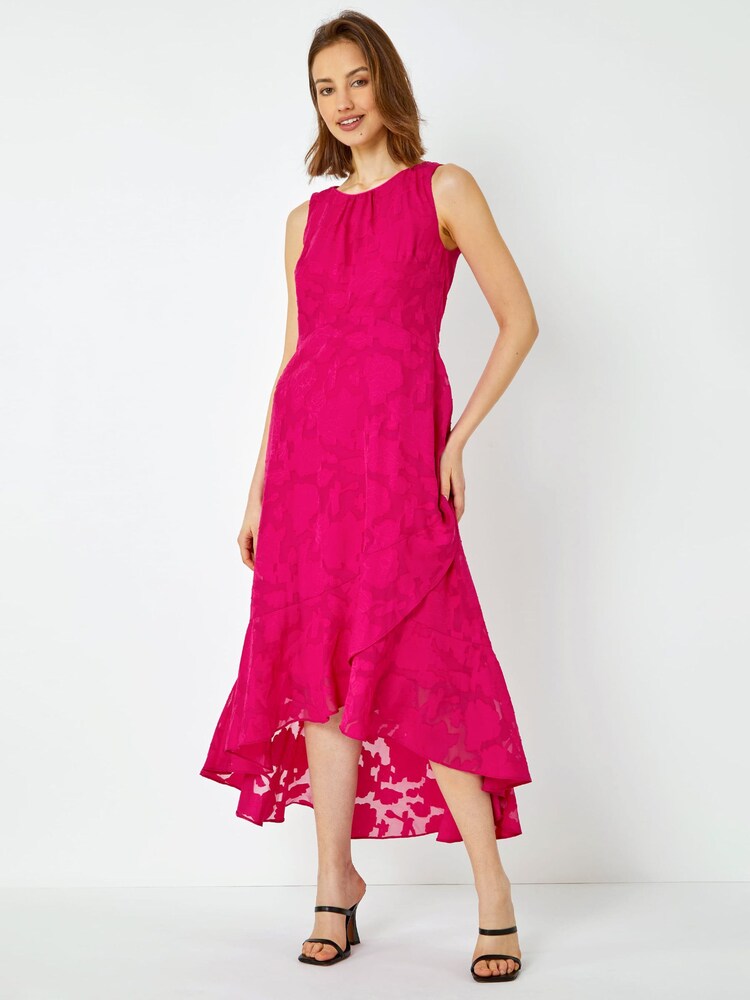 Roman Pink Swirl Jacquard Dipped Hem Midi Dress - Image 2 of 5