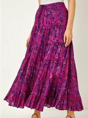 Roman Purple Feather Print Tiered 100% Cotton Maxi Skirt - Image 1 of 5
