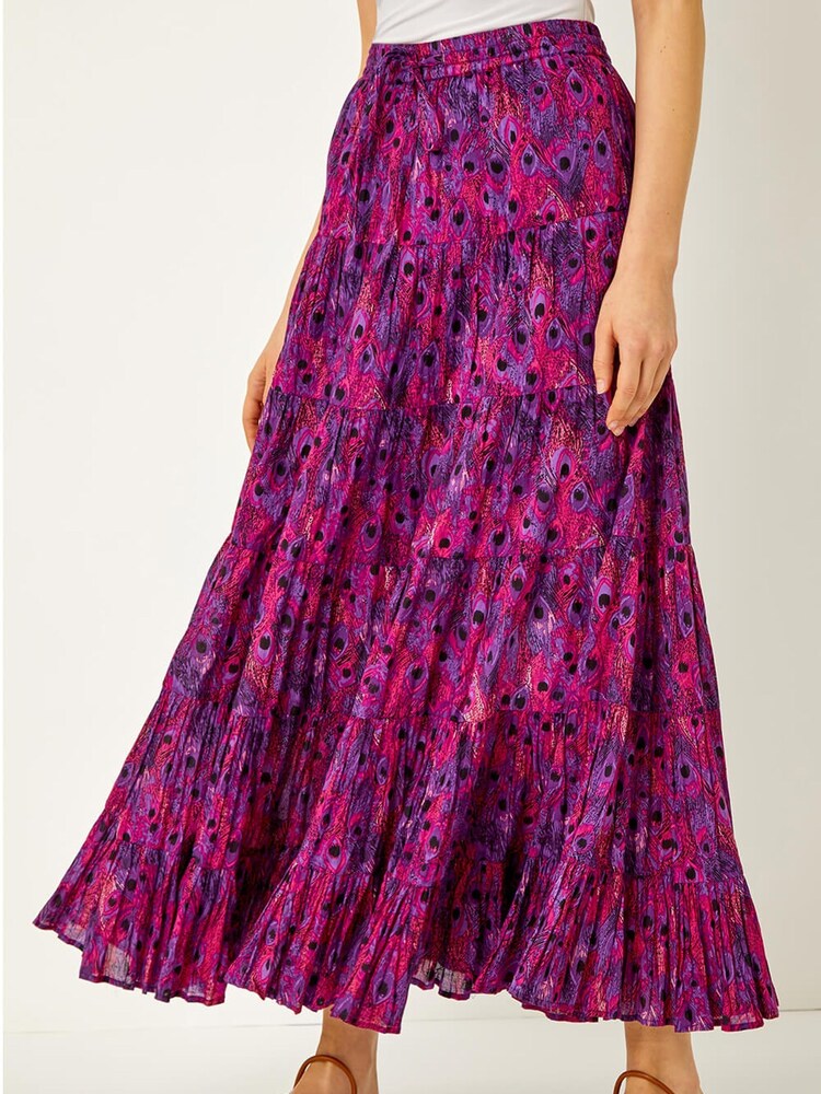 Roman Purple Feather Print Tiered 100% Cotton Maxi Skirt - Image 1 of 5