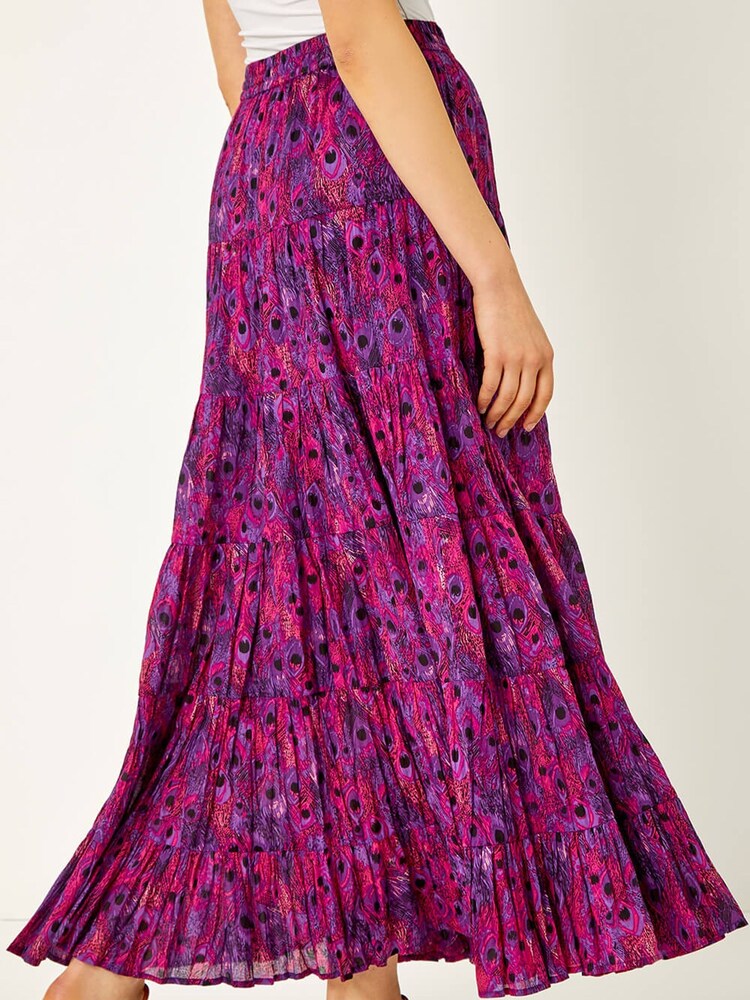 Roman Purple Feather Print Tiered 100% Cotton Maxi Skirt - Image 2 of 5