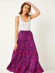 Roman Purple Feather Print Tiered 100% Cotton Maxi Skirt - Image 3 of 5