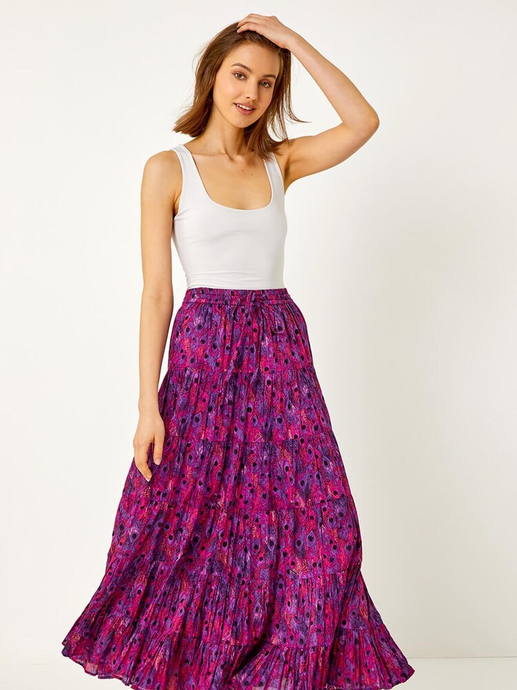 Roman Purple Feather Print Tiered 100% Cotton Maxi Skirt - Image 3 of 5