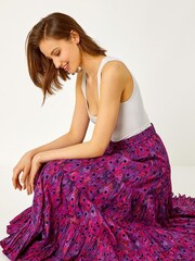 Roman Purple Feather Print Tiered 100% Cotton Maxi Skirt - Image 4 of 5