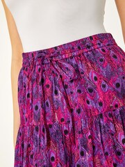 Roman Purple Feather Print Tiered 100% Cotton Maxi Skirt - Image 5 of 5