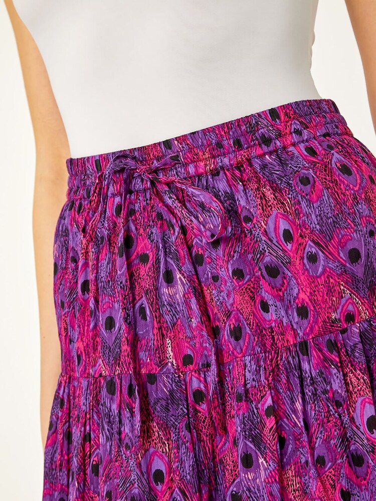Roman Purple Feather Print Tiered 100% Cotton Maxi Skirt - Image 5 of 5