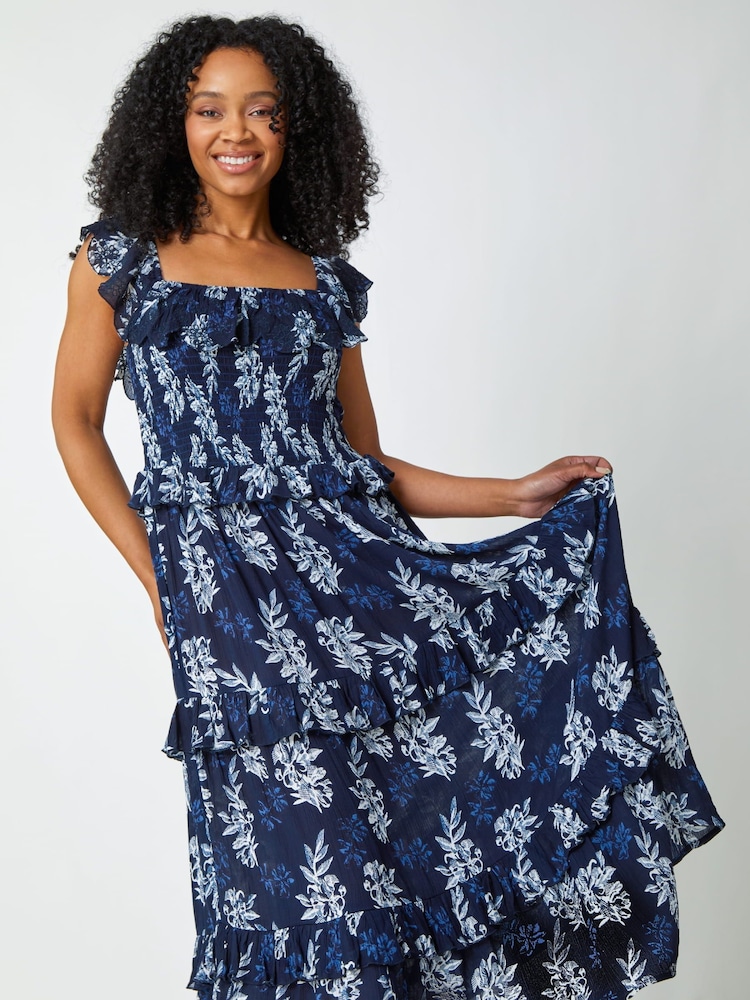 Roman Blue Petite Floral Print Tiered Maxi Dress - Image 2 of 5 Roman Blue Petite Floral Print Tiered Maxi Dress - Image 2 of 5
