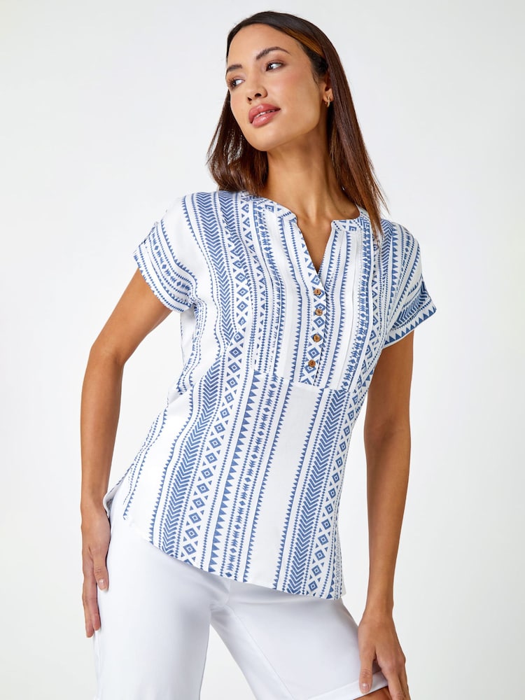 Roman Blue & White Aztec Aztec Style Print Button Detail Top - Image 1 of 5 Roman Blue & White Aztec Aztec Style Print Button Detail Top - Image 1 of 5