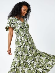 Roman Green Floral Shirred Stretch Midi Dress - Image 1 of 5