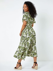 Roman Green Floral Shirred Stretch Midi Dress - Image 2 of 5