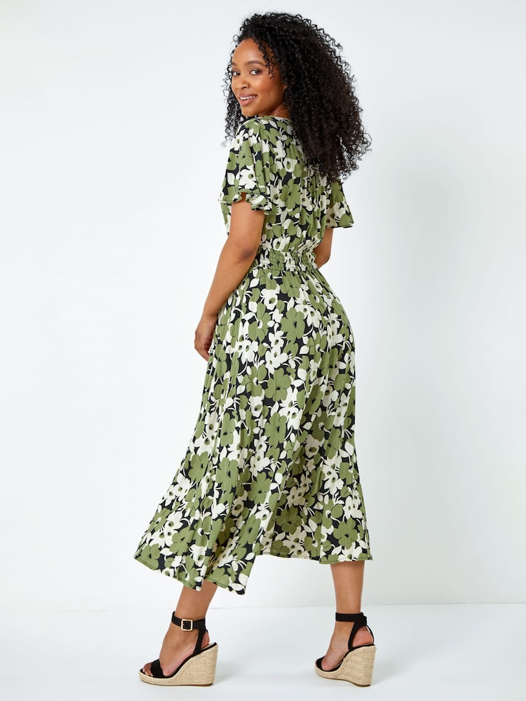 Roman Green Floral Shirred Stretch Midi Dress - Image 2 of 5