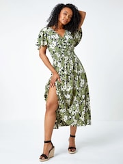 Roman Green Floral Shirred Stretch Midi Dress - Image 3 of 5