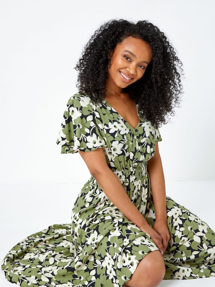 Buy Roman Green Floral Shirred Stretch Midi Dress from the Next UK online  shop