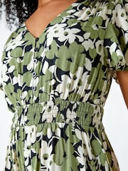 Roman Green Floral Shirred Stretch Midi Dress - Image 5 of 5