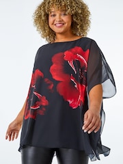 Roman Red Curve Floral Chiffon Overlay Top - Image 1 of 4