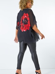 Roman Red Curve Floral Chiffon Overlay Top - Image 2 of 4