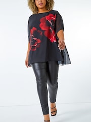 Roman Red Curve Floral Chiffon Overlay Top - Image 3 of 4