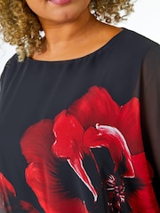 Roman Red Curve Floral Chiffon Overlay Top - Image 4 of 4