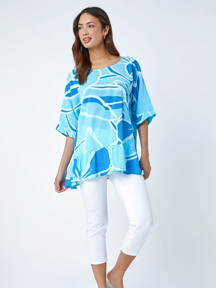 Roman Blue Oversized 100% Cotton Floral Tunic Top - Image 2 of 5 Roman Blue Oversized 100% Cotton Floral Tunic Top - Image 2 of 5