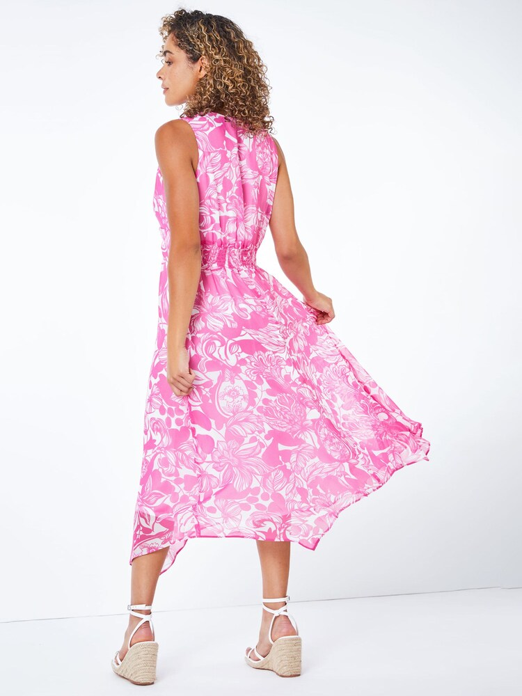 Roman Pink Petite Contrast Floral Print Hanky Hem Dress - Image 2 of 5
