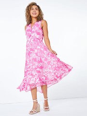 Roman Pink Petite Contrast Floral Print Hanky Hem Dress - Image 3 of 5