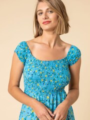 Roman Blue Shirred Floral Print Bardot Dress - Image 4 of 4