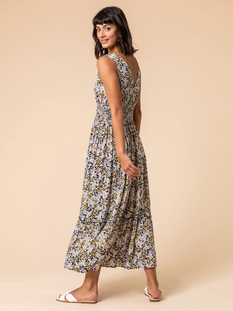Roman White Ditsy Floral Shirred Waist Midi Dress - Image 2 of 5