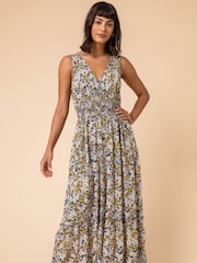 Roman White Ditsy Floral Shirred Waist Midi Dress - Image 3 of 5