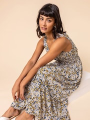Roman White Ditsy Floral Shirred Waist Midi Dress - Image 4 of 5