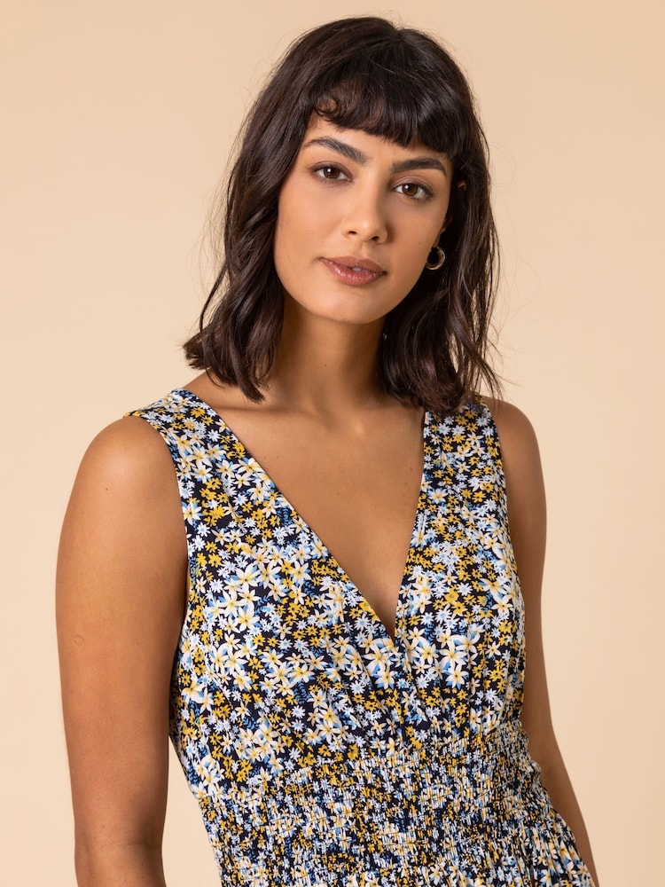 Roman White Ditsy Floral Shirred Waist Midi Dress - Image 5 of 5