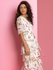 Roman White Floral Print Tiered Frill Midi Dress - Image 1 of 5