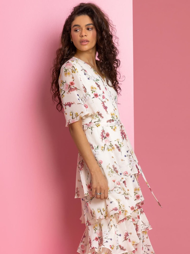 Roman White Floral Print Tiered Frill Midi Dress - Image 1 of 5 Roman White Floral Print Tiered Frill Midi Dress - Image 1 of 5