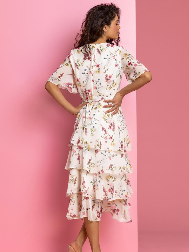 Roman White Floral Print Tiered Frill Midi Dress - Image 2 of 5