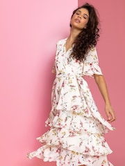 Roman White Floral Print Tiered Frill Midi Dress - Image 3 of 5
