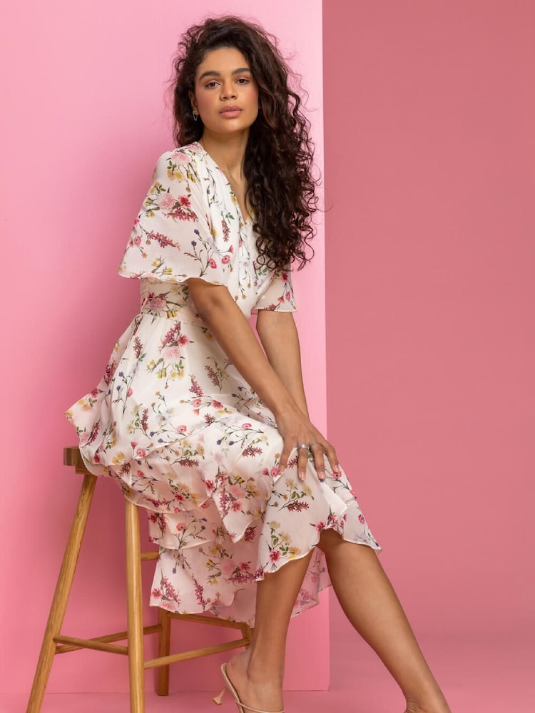 Roman White Floral Print Tiered Frill Midi Dress - Image 5 of 5