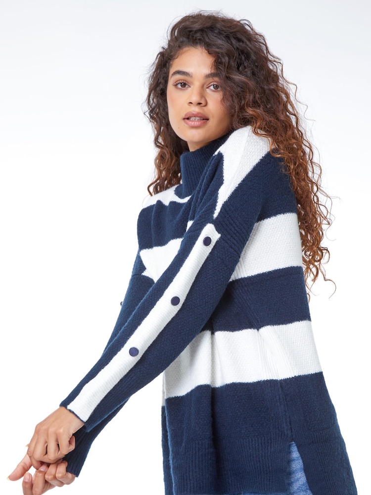 Roman Blue Textured Stripe Turtle Neck Jumper - Image 1 of 5