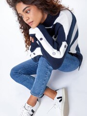 Roman Blue Textured Stripe Turtle Neck Jumper - Image 4 of 5