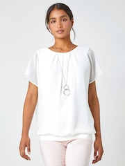 Roman White Chiffon Jersey Blouson Top with Necklace - Image 1 of 5