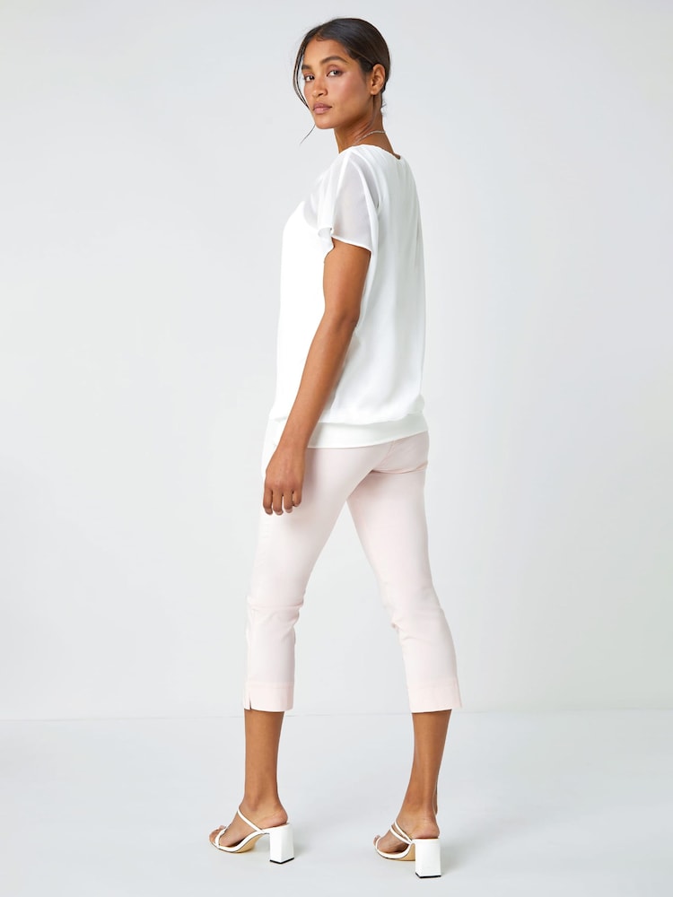 Roman White Chiffon Jersey Blouson Top with Necklace - Image 2 of 5