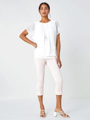 Roman White Chiffon Jersey Blouson Top with Necklace - Image 3 of 5